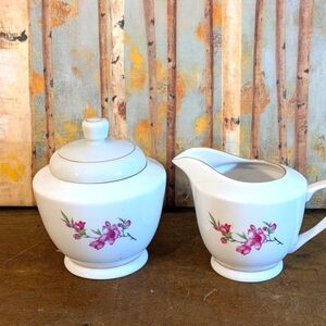 Vintage MCM Tangshan Pink Roses Sugar Bowl and Creamer Set